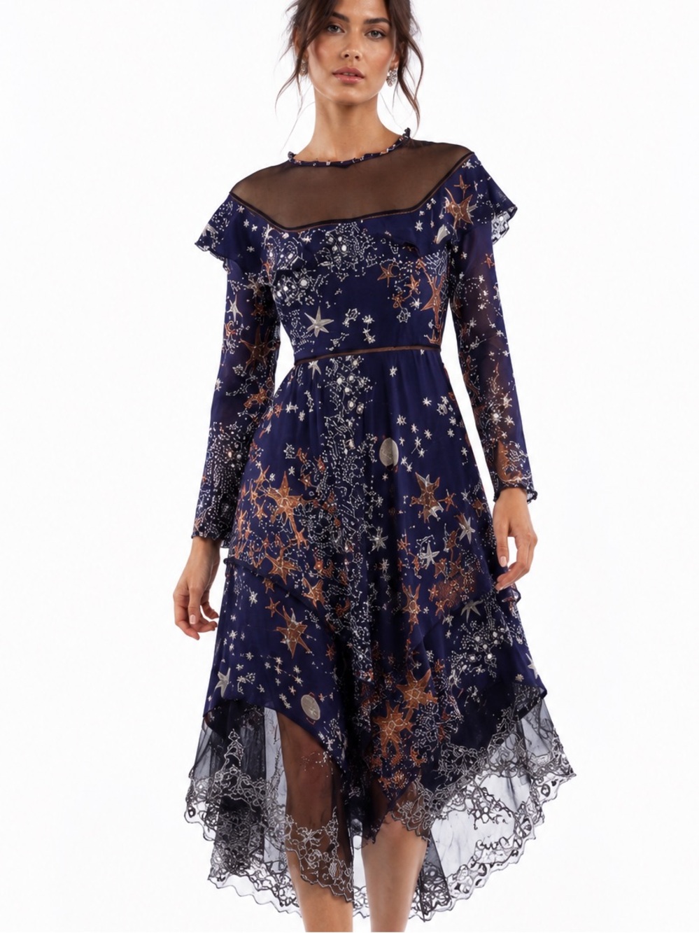Celestial ♍️ star crescent moon navy silk black lace ruffle mesh midi dress